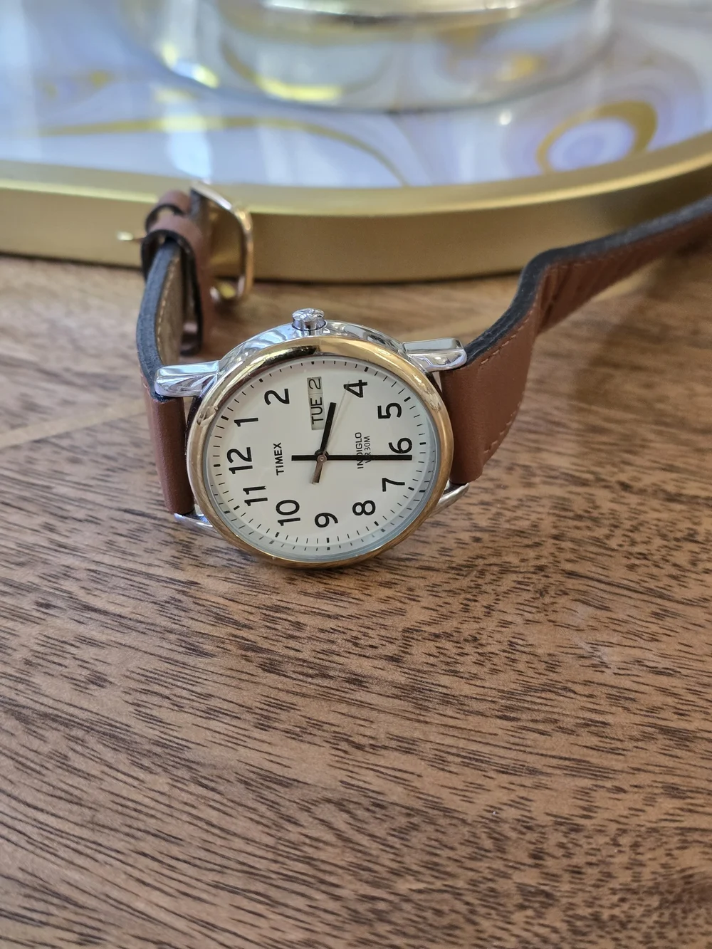 Timex White Dial Brown Leather Strap Day-Date Watch